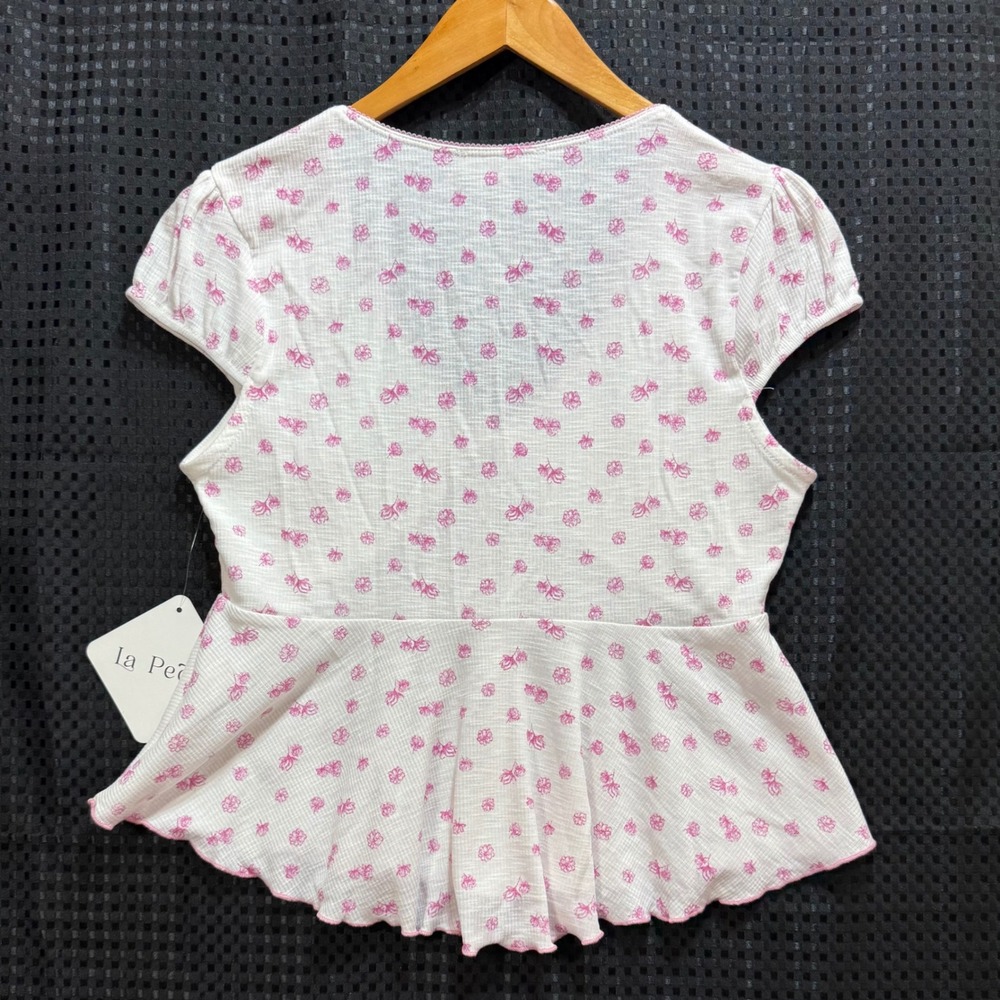 La Peche Peplum Top Women Size M White Pink Floral Coquette Ribbed Cap‎ Sleeve - Picture 2 of 8